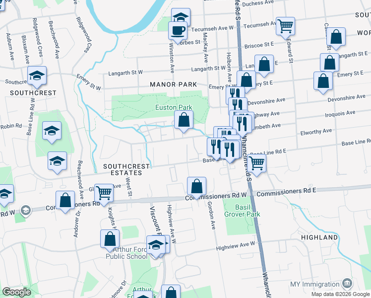 map of restaurants, bars, coffee shops, grocery stores, and more near 65 Base Line Road West in London