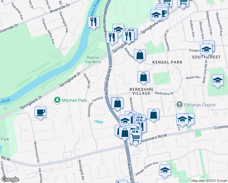 map of restaurants, bars, coffee shops, grocery stores, and more near 443 Old Wonderland Road in London