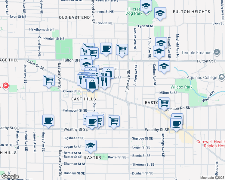 map of restaurants, bars, coffee shops, grocery stores, and more near 1033 Lake Drive Southeast in Grand Rapids