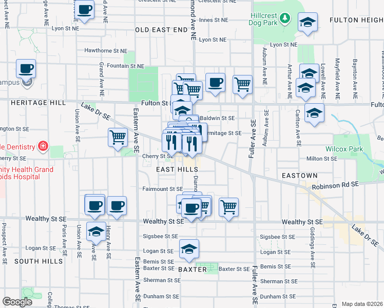 map of restaurants, bars, coffee shops, grocery stores, and more near 951 Cherry Street Southeast in Grand Rapids