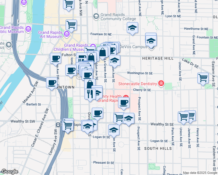 map of restaurants, bars, coffee shops, grocery stores, and more near 120 La Grave Avenue Southeast in Grand Rapids