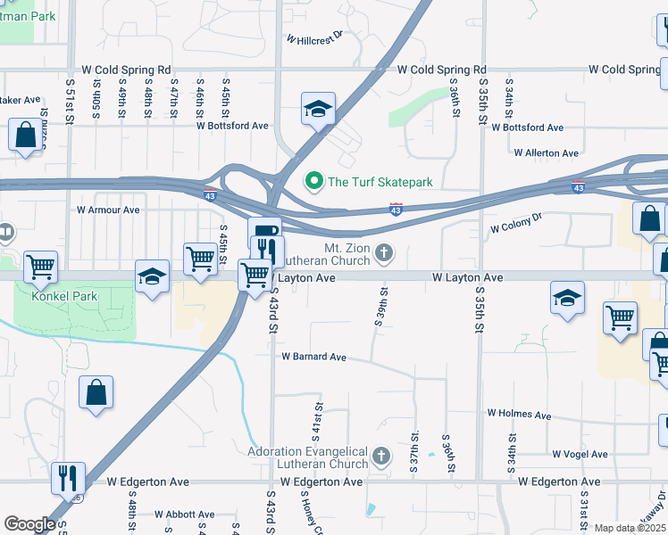 map of restaurants, bars, coffee shops, grocery stores, and more near 4040 West Layton Avenue in Greenfield