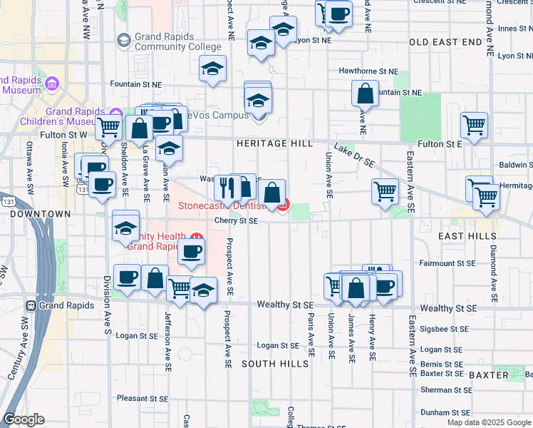 map of restaurants, bars, coffee shops, grocery stores, and more near 425 Cherry Street Southeast in Grand Rapids
