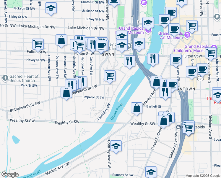 map of restaurants, bars, coffee shops, grocery stores, and more near 140 Front Avenue Southwest in Grand Rapids