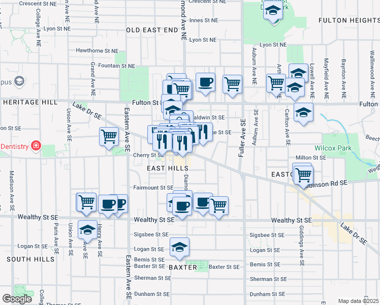 map of restaurants, bars, coffee shops, grocery stores, and more near 1005 Lake Drive Southeast in Grand Rapids