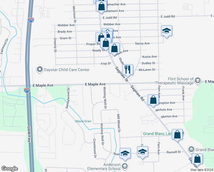 map of restaurants, bars, coffee shops, grocery stores, and more near 5010 Wishing Well Drive in Grand Blanc