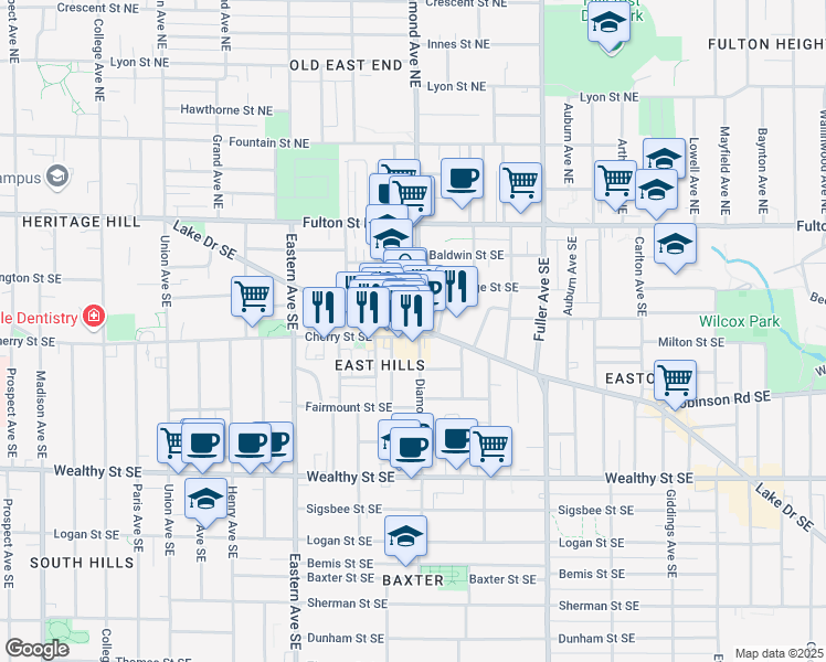 map of restaurants, bars, coffee shops, grocery stores, and more near 951 Cherry Street Southeast in Grand Rapids