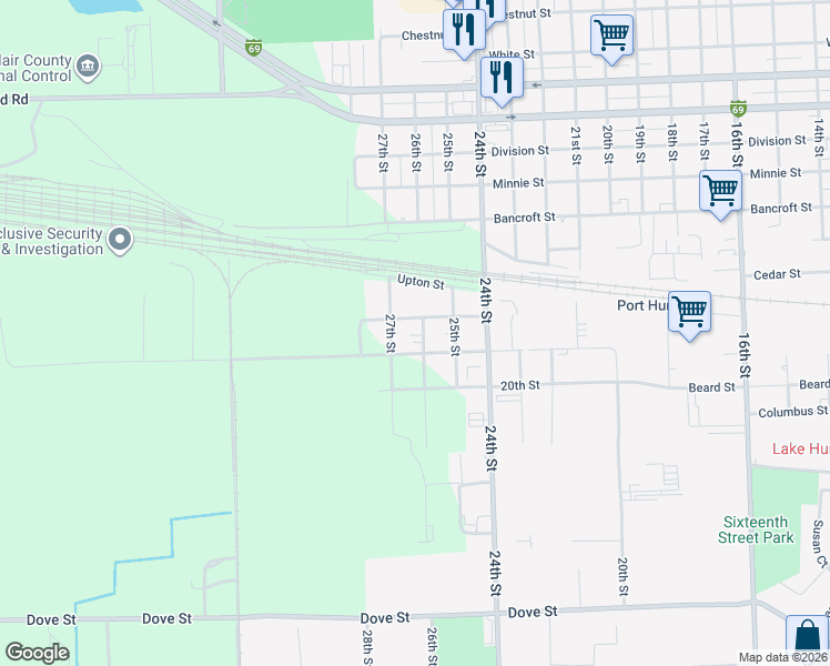 map of restaurants, bars, coffee shops, grocery stores, and more near 2215 26th Street in Port Huron