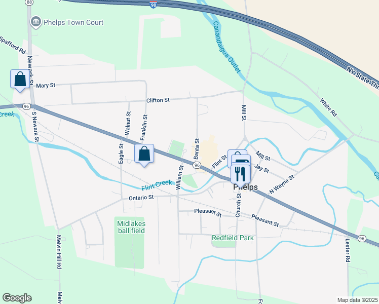 map of restaurants, bars, coffee shops, grocery stores, and more near 144 Main Street in Phelps