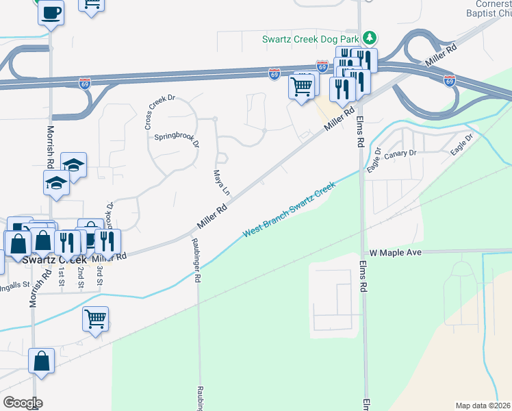 map of restaurants, bars, coffee shops, grocery stores, and more near 7241 Miller Rd in Swartz Creek