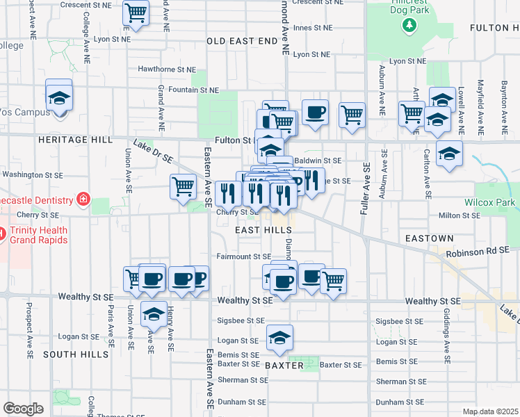 map of restaurants, bars, coffee shops, grocery stores, and more near 925 Cherry Street Southeast in Grand Rapids