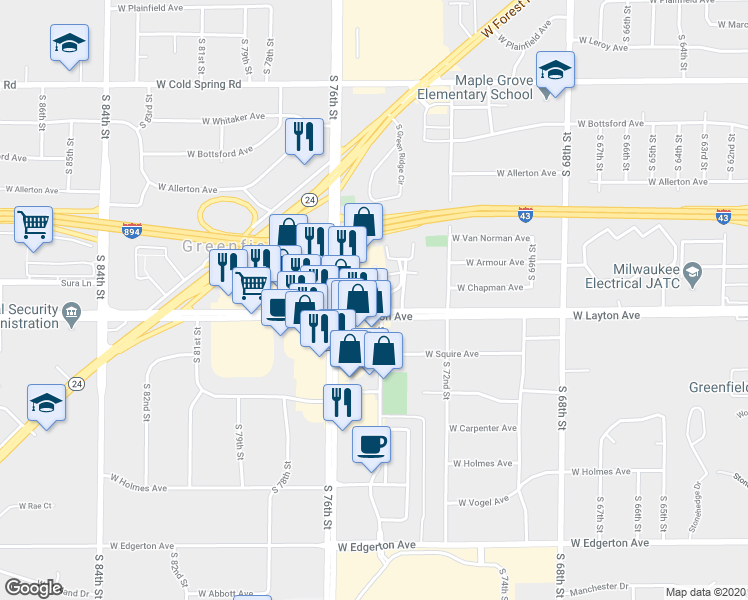 map of restaurants, bars, coffee shops, grocery stores, and more near 7424 West Layton Avenue in Greenfield