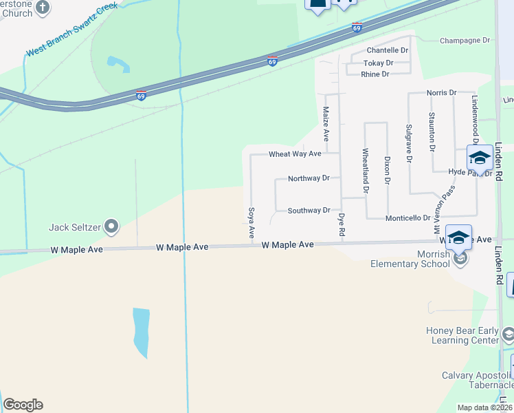 map of restaurants, bars, coffee shops, grocery stores, and more near 4453 Soya Avenue in Swartz Creek