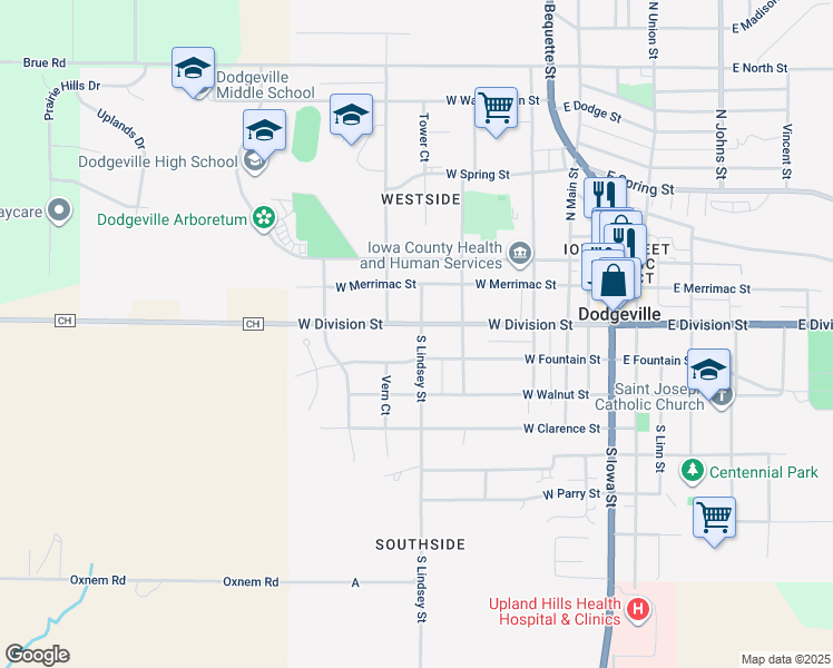 map of restaurants, bars, coffee shops, grocery stores, and more near 502 West Division Street in Dodgeville