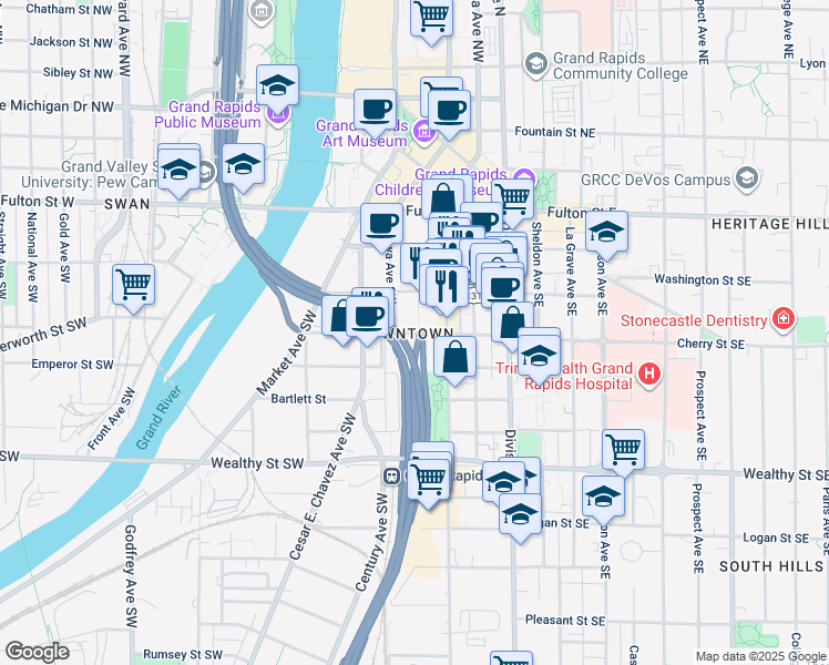 map of restaurants, bars, coffee shops, grocery stores, and more near Cherry Street Southwest in Grand Rapids