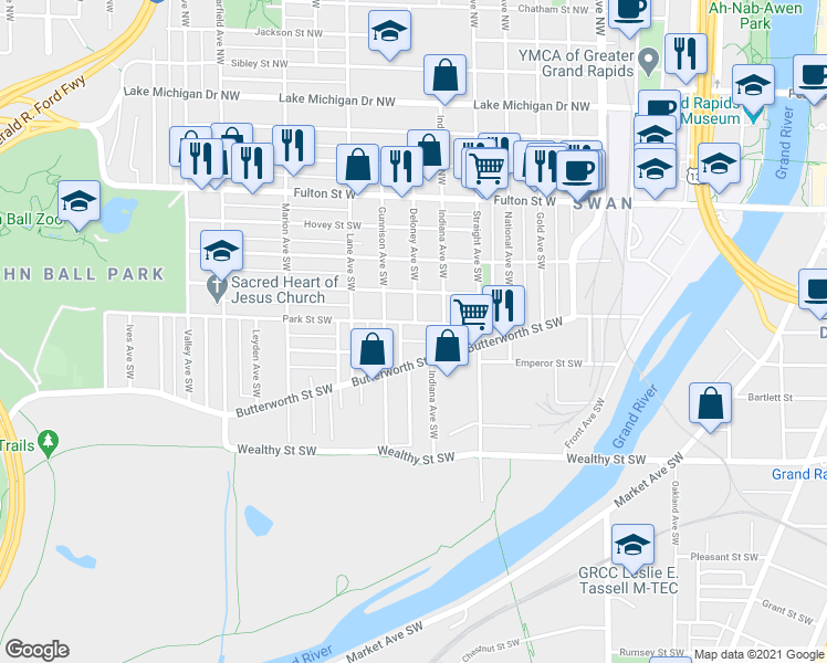 map of restaurants, bars, coffee shops, grocery stores, and more near 864 Park Street Southwest in Grand Rapids