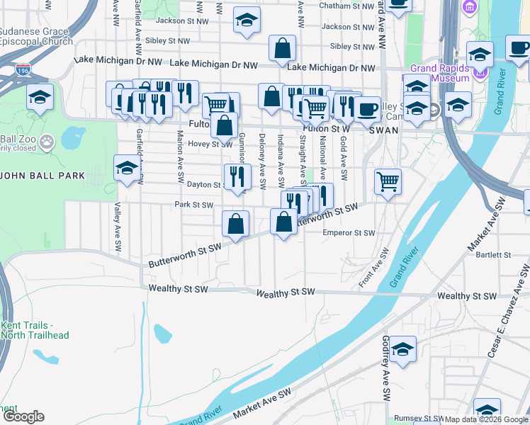map of restaurants, bars, coffee shops, grocery stores, and more near 860 Park Street Southwest in Grand Rapids