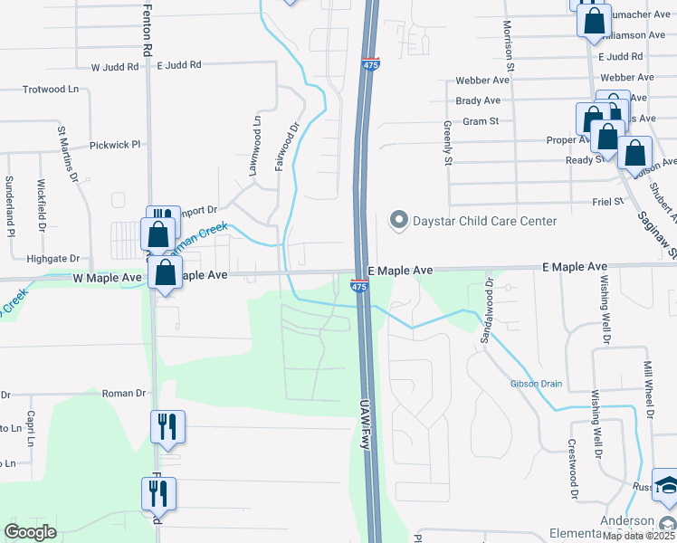 map of restaurants, bars, coffee shops, grocery stores, and more near E Maple Ave & Maplebrook Ln in Burton