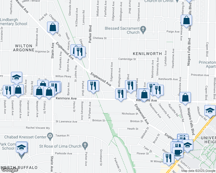 map of restaurants, bars, coffee shops, grocery stores, and more near 396 Englewood Avenue in Buffalo