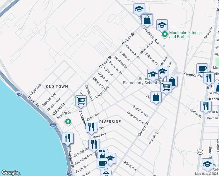 map of restaurants, bars, coffee shops, grocery stores, and more near 191 Roesch Avenue in Buffalo