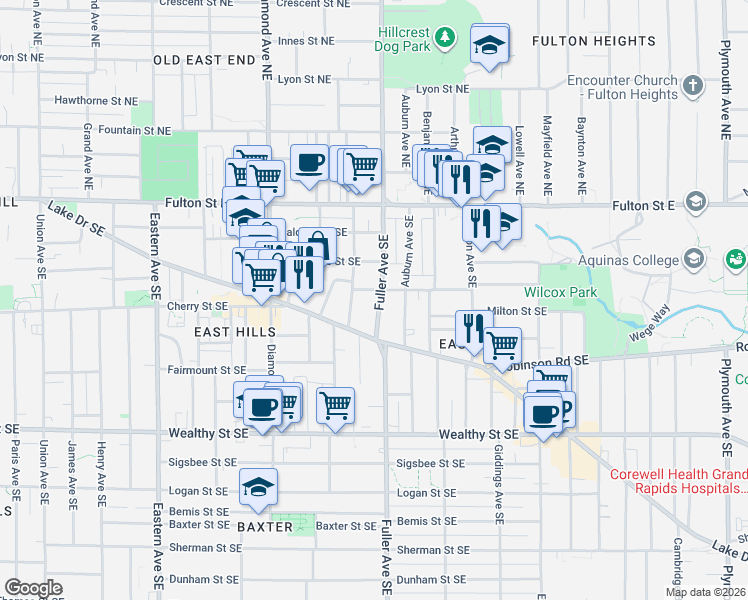 map of restaurants, bars, coffee shops, grocery stores, and more near 141 Fuller Avenue Southeast in Grand Rapids
