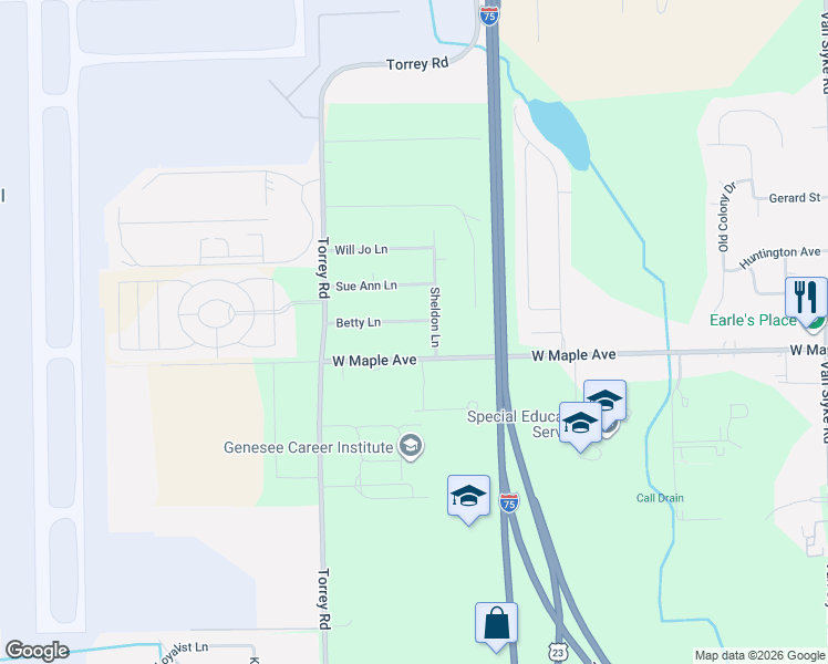 map of restaurants, bars, coffee shops, grocery stores, and more near 2441 Betty Lane in Flint