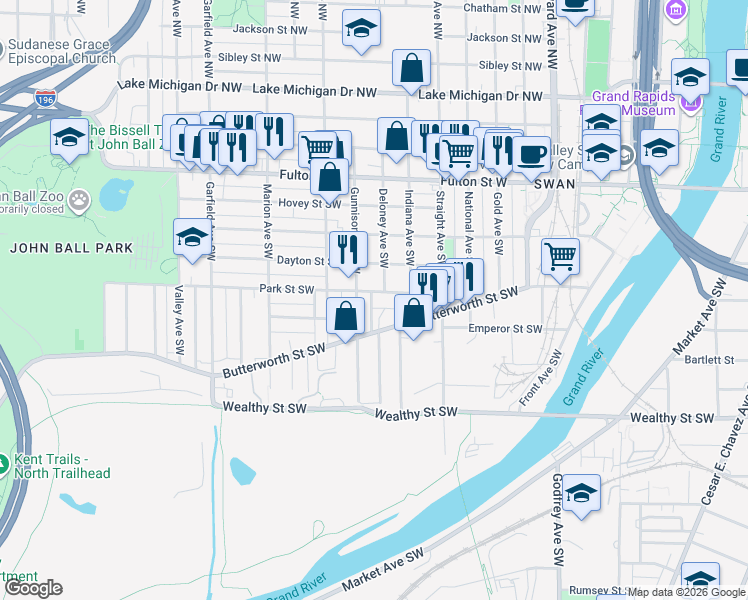 map of restaurants, bars, coffee shops, grocery stores, and more near 908 Park Street Southwest in Grand Rapids