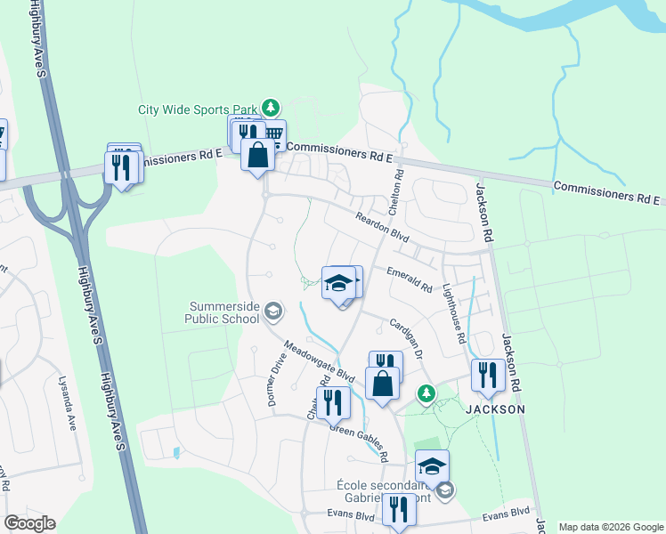 map of restaurants, bars, coffee shops, grocery stores, and more near 249 Ellerslie Road in London