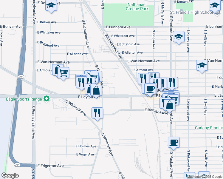 map of restaurants, bars, coffee shops, grocery stores, and more near 3250 East Layton Avenue in Cudahy