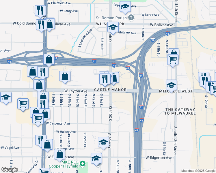 map of restaurants, bars, coffee shops, grocery stores, and more near 4661 South 20th Street in Milwaukee