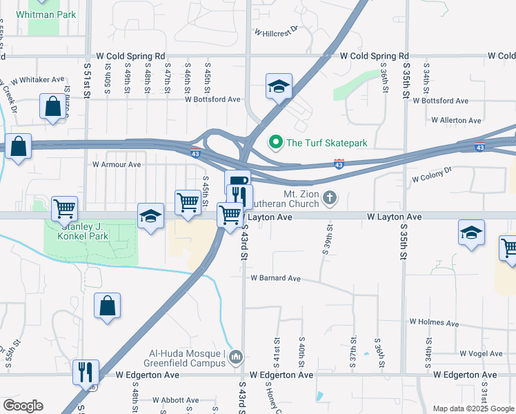 map of restaurants, bars, coffee shops, grocery stores, and more near 4200 West Layton Avenue in Greenfield