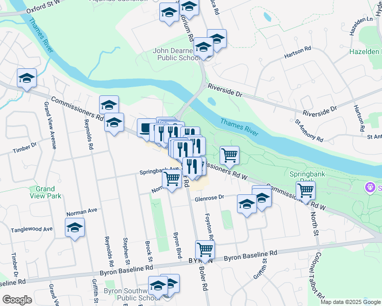 map of restaurants, bars, coffee shops, grocery stores, and more near 1255 Commissioners Road West in London