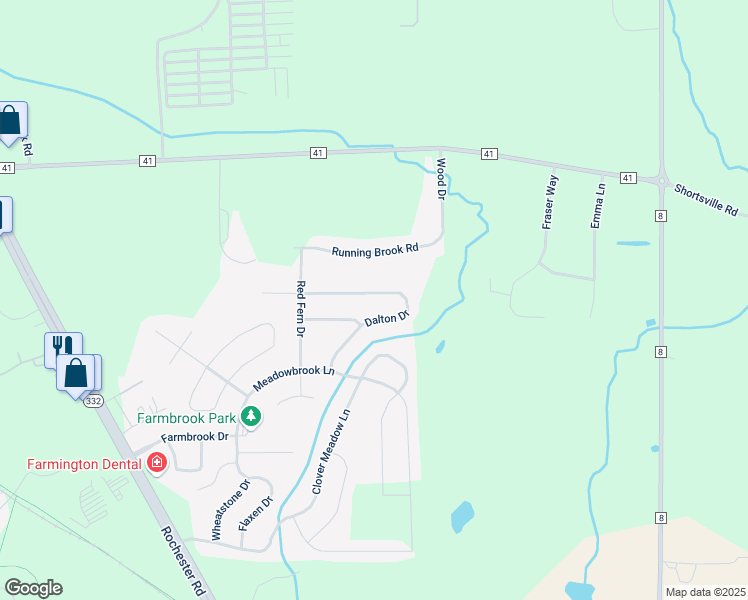 map of restaurants, bars, coffee shops, grocery stores, and more near 5745 Dalton Drive in Farmington