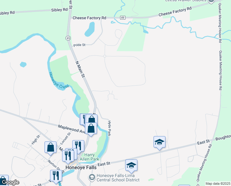 map of restaurants, bars, coffee shops, grocery stores, and more near 75 Village Trail in Honeoye Falls