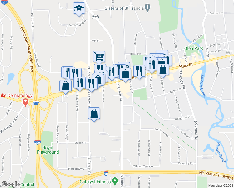 map of restaurants, bars, coffee shops, grocery stores, and more near 23 Plymouth Place in Buffalo