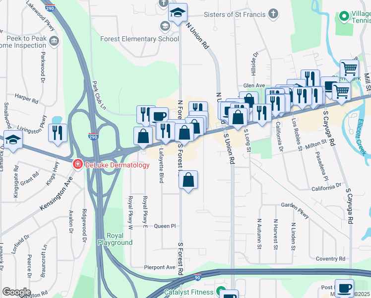 map of restaurants, bars, coffee shops, grocery stores, and more near 5165 Main Street in Williamsville
