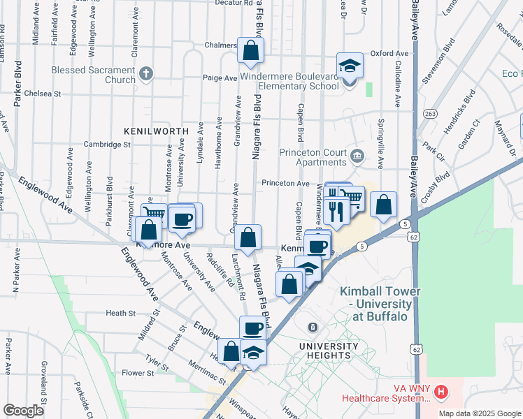 map of restaurants, bars, coffee shops, grocery stores, and more near 213 Niagara Falls Boulevard in Buffalo