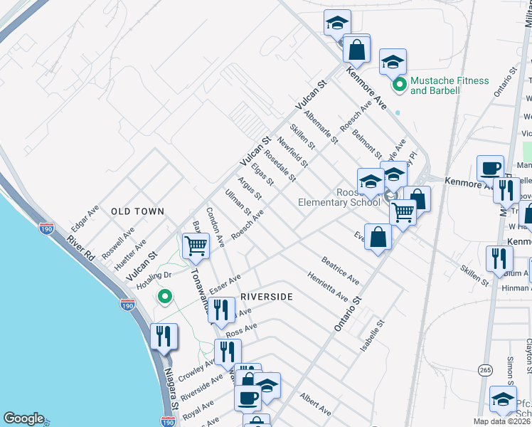 map of restaurants, bars, coffee shops, grocery stores, and more near 191 Roesch Avenue in Buffalo