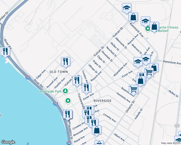 map of restaurants, bars, coffee shops, grocery stores, and more near 105 Eckhert Street in Buffalo