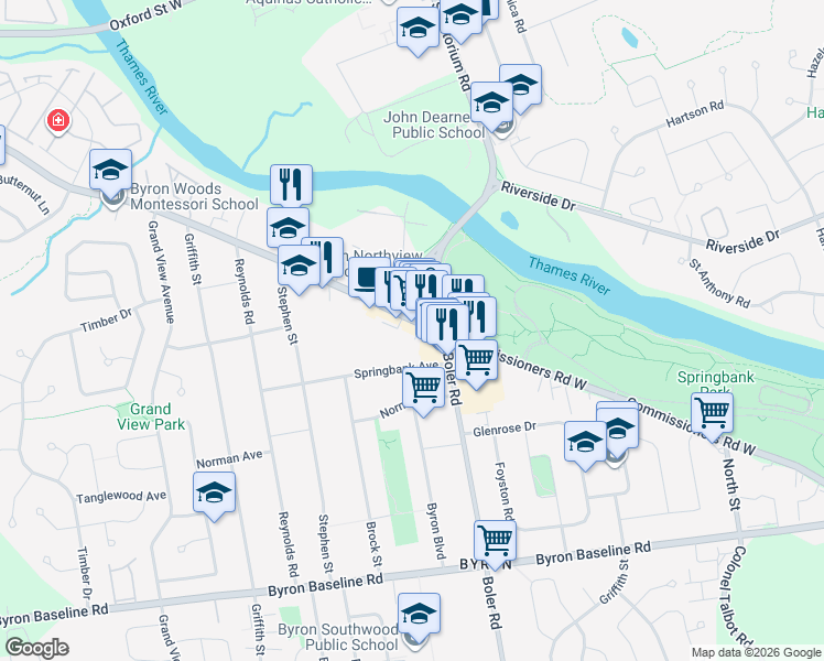 map of restaurants, bars, coffee shops, grocery stores, and more near 1304 Commissioners Road West in London