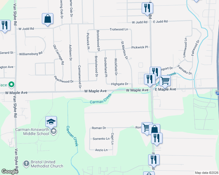 map of restaurants, bars, coffee shops, grocery stores, and more near 1157 Highgate Drive in Flint