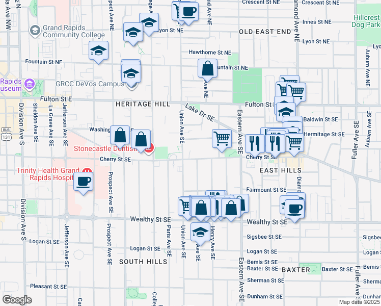 map of restaurants, bars, coffee shops, grocery stores, and more near 629 Cherry Street Southeast in Grand Rapids