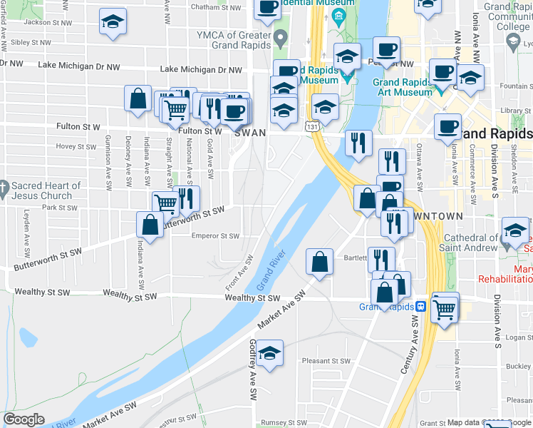 map of restaurants, bars, coffee shops, grocery stores, and more near 201 Front Avenue Southwest in Grand Rapids