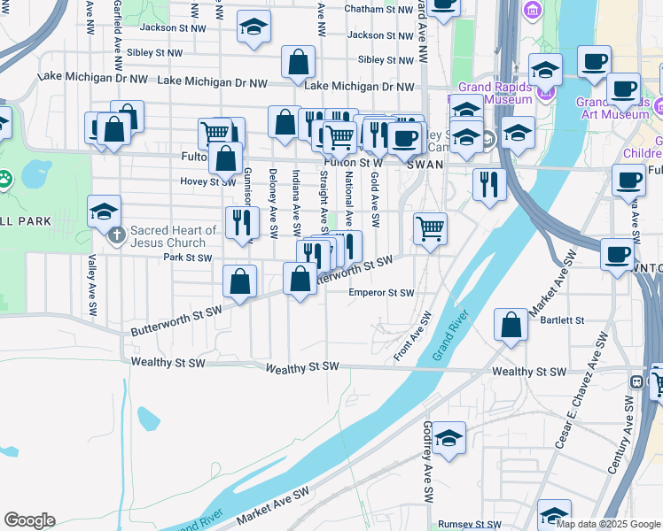 map of restaurants, bars, coffee shops, grocery stores, and more near 803 Park Street Southwest in Grand Rapids