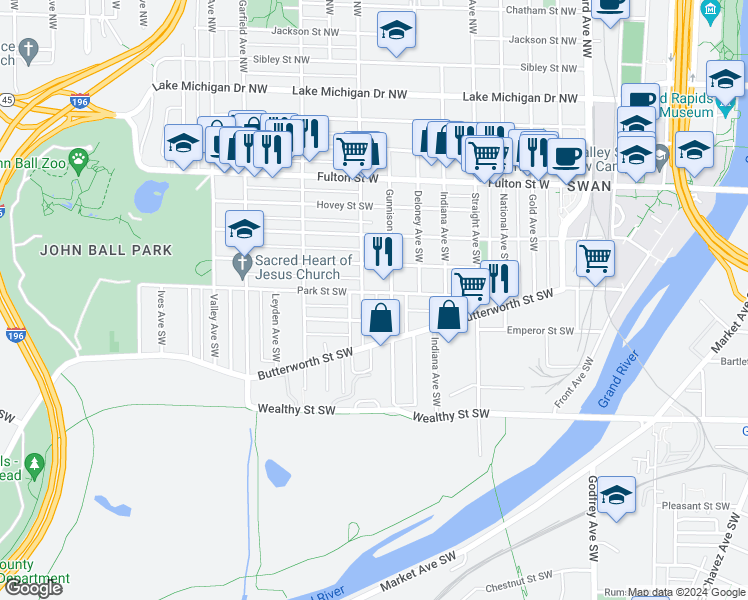 map of restaurants, bars, coffee shops, grocery stores, and more near 951 Park Street Southwest in Grand Rapids