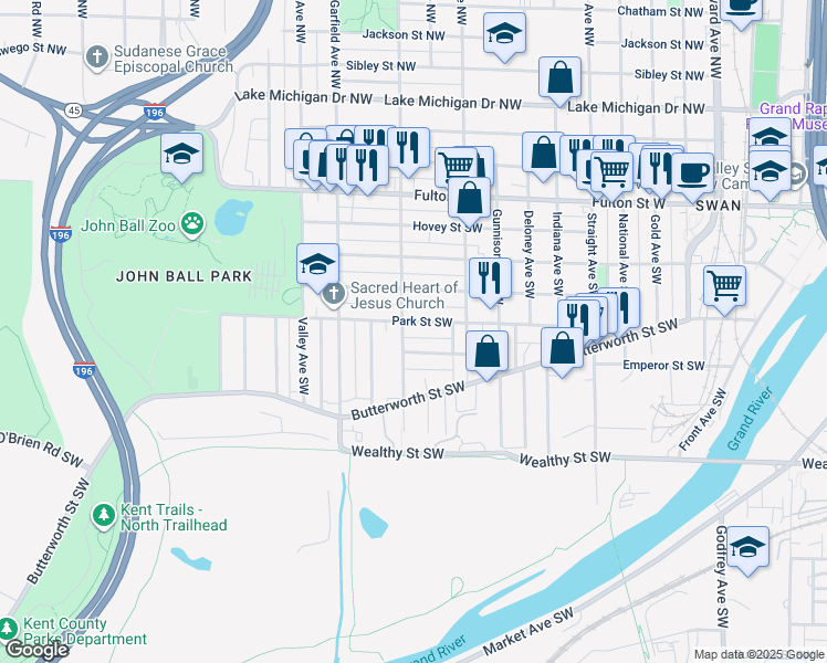 map of restaurants, bars, coffee shops, grocery stores, and more near 1100 Park Street Southwest in Grand Rapids