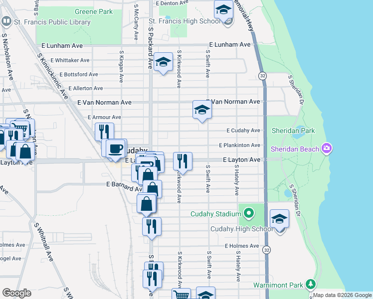 map of restaurants, bars, coffee shops, grocery stores, and more near 3735 East Plankinton Avenue in Cudahy