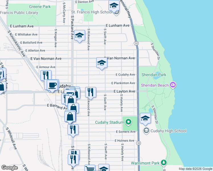 map of restaurants, bars, coffee shops, grocery stores, and more near 4650 South Swift Avenue in Cudahy