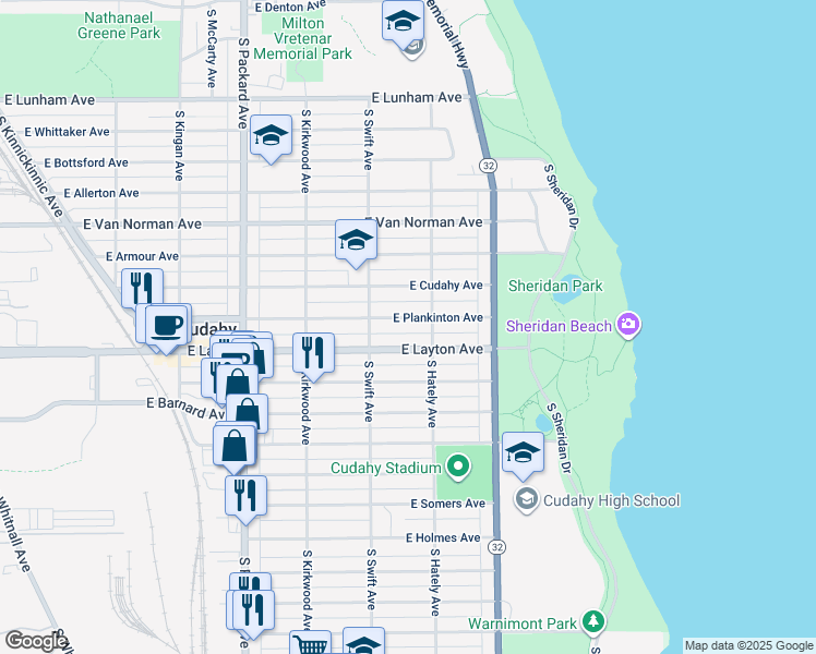 map of restaurants, bars, coffee shops, grocery stores, and more near 3851 East Plankinton Avenue in Cudahy