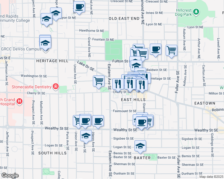 map of restaurants, bars, coffee shops, grocery stores, and more near 123 Abney Avenue Southeast in Grand Rapids